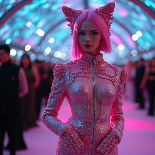 Futuristic avant garde couture with a stylish model. Luxury and high impact. Artful scene set in an alternate dimension. Opulent and visually striking elements with a dazzling effect. High fashion design creates an intoxicating atmosphere.