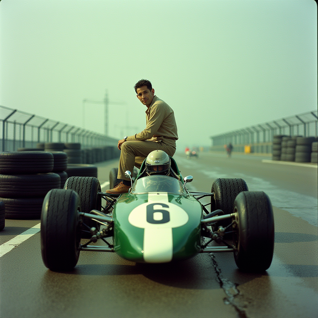 A man sitting on a vintage racing car in a trackside setting.