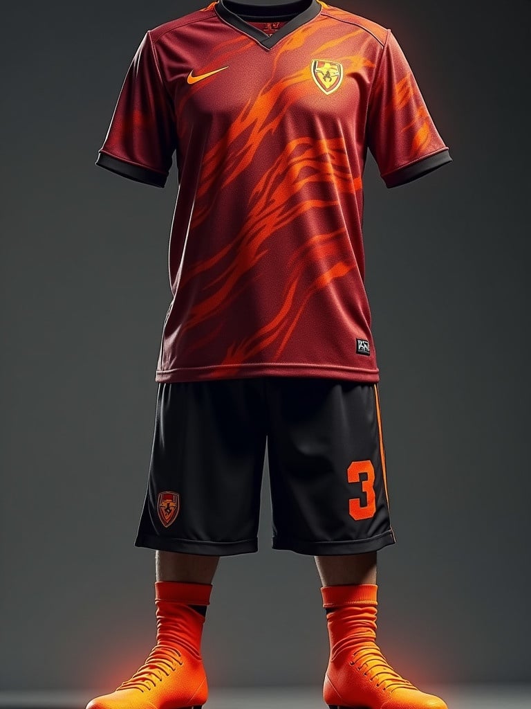 A jersey with a deep crimson base featuring swirling flame designs. The shirt has heat-resistant fabric for comfort. The shorts are dark black with an iridescent shine. Bright orange socks transition to black at the top. Cleats glow with heat and enhance speed. Flame symbols on the jersey glow when energized.