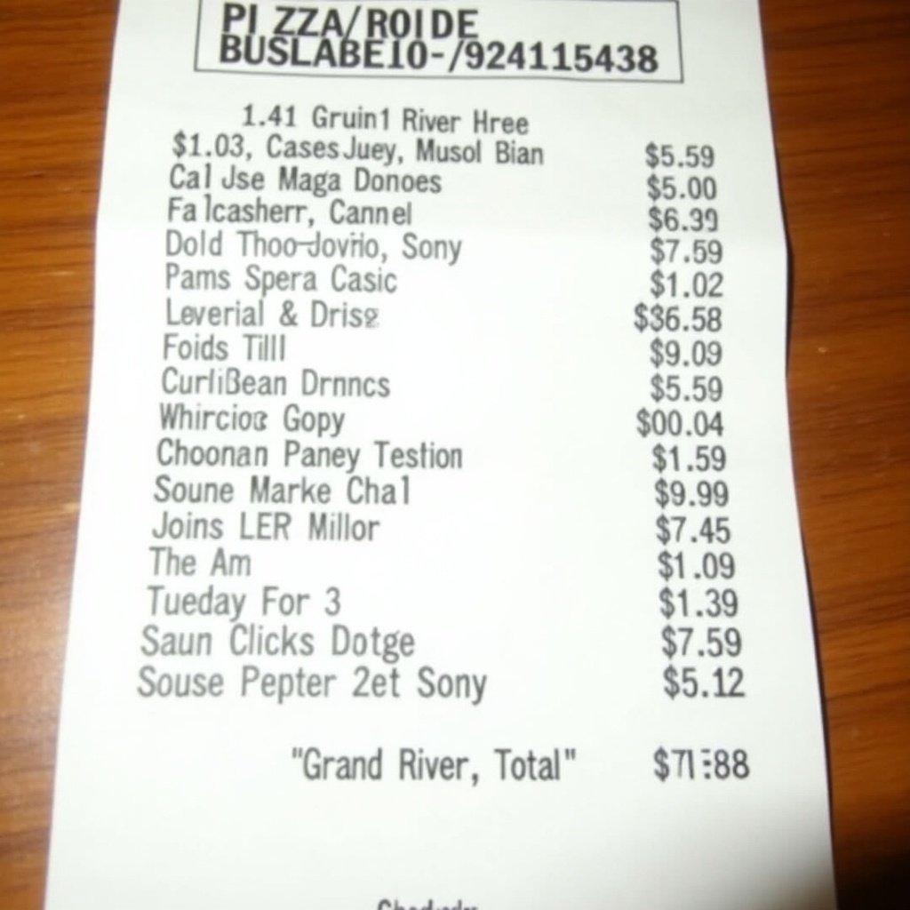 Receipt for Little Caesars pizza cash payment shows total of $56.88. Items ordered include various food and drink selections. Location is Detroit, MI 48223, on Grand River Ave.