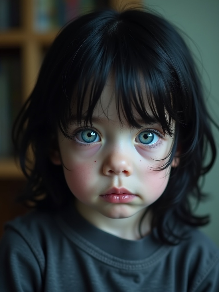 Raven-haired 5 year old with sad expression and light blue eyes. Very pale skin. No additional details provided.