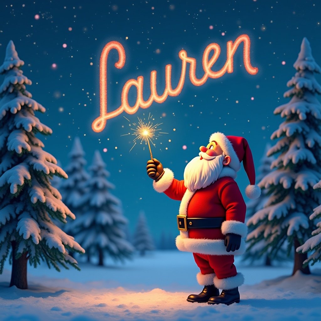 A Christmas scene features Santa Claus writing Lauren in the sky using a colorful glow pen. Snow-covered trees create a festive atmosphere. Santa holds a sparkler for a celebratory effect. Scene is magical and cheerful.