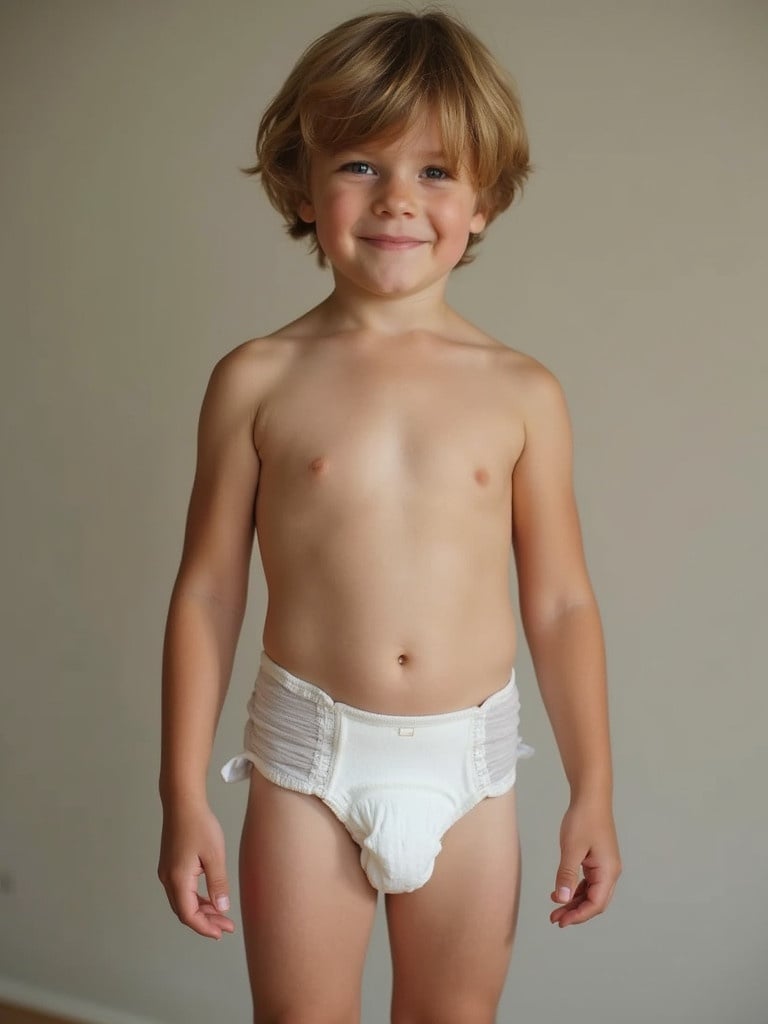 A boy stands in a neutral setting wearing a white diaper. The focus is on the boy's posture and attire.