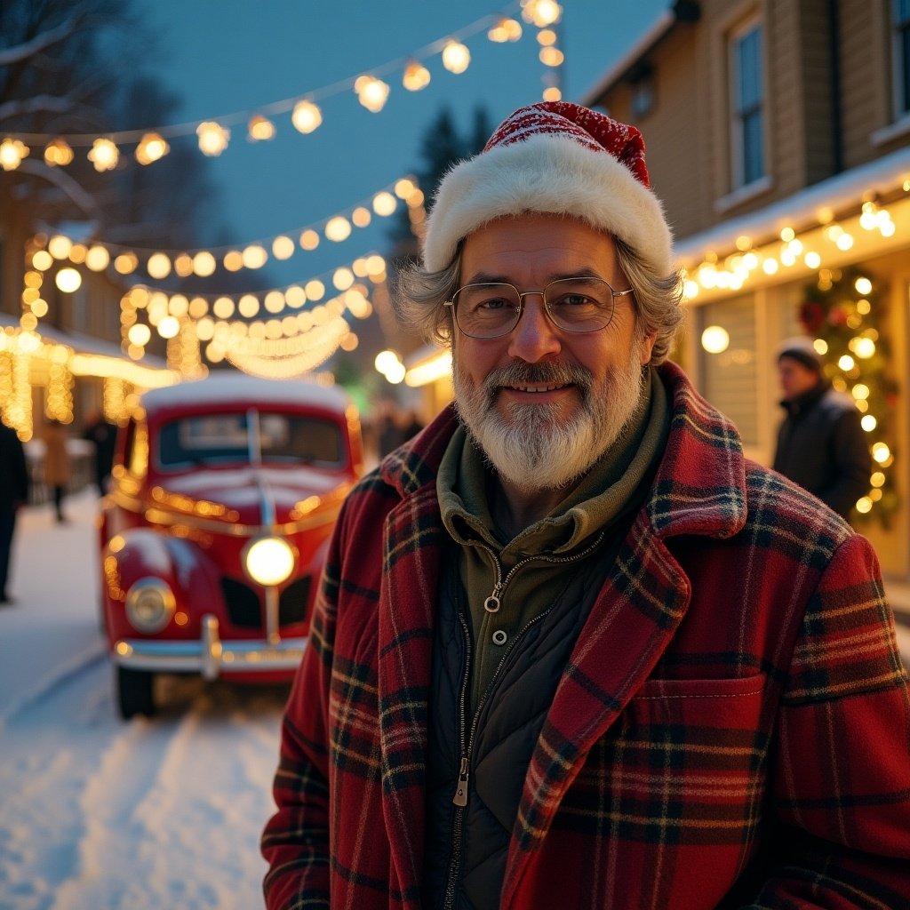 A smiling man in a Santa hat and plaid coat stands in a snowy street decorated with holiday lights. A vintage red car is parked nearby. The scene emanates a warm festive vibe.