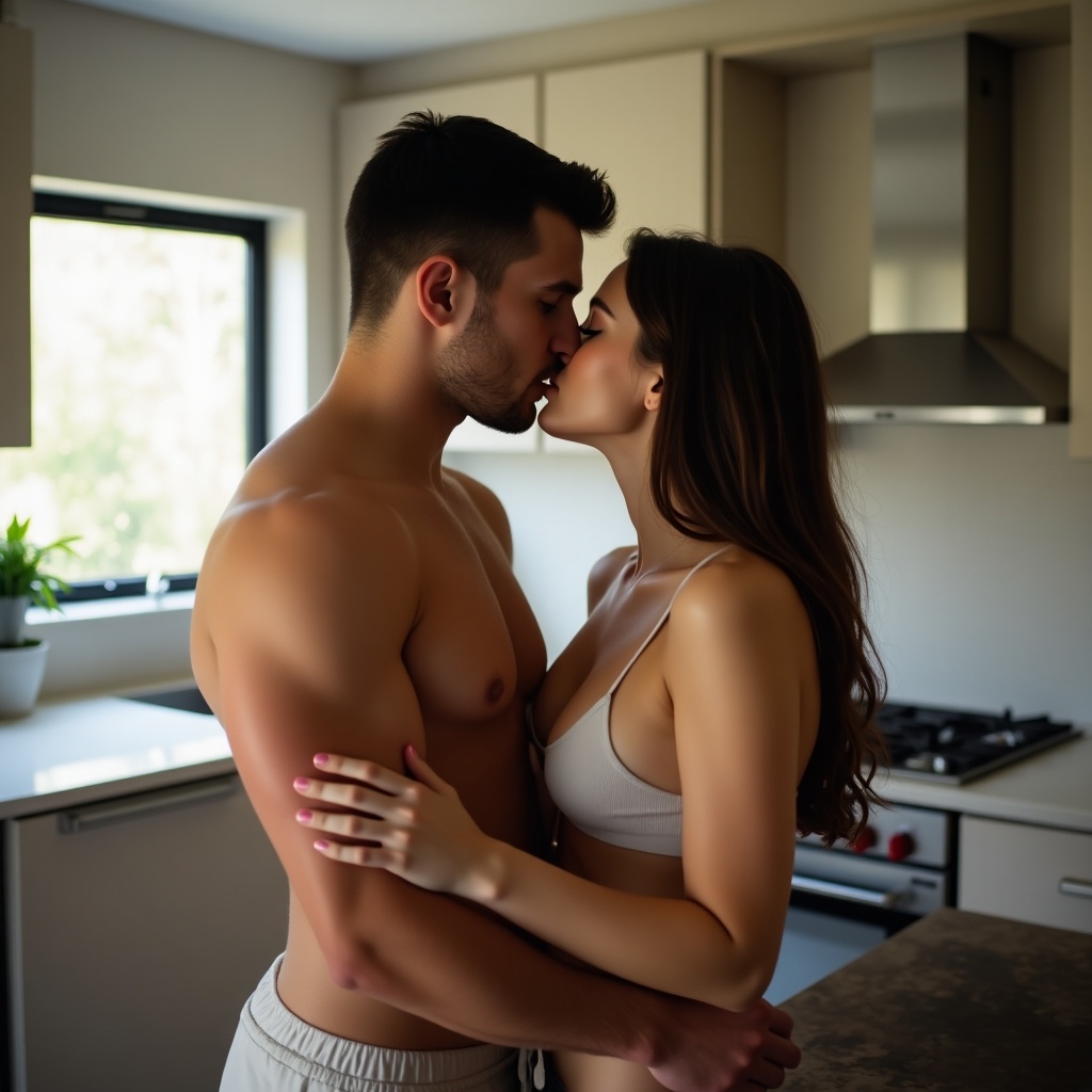 In a modern kitchen, two shirtless individuals share a tender kiss. The interior is designed with contemporary elements, such as clean lines and a warm color palette. The soft, natural light filters through the window, casting a gentle glow on the couple. They stand close together, exuding intimacy and connection. This moment captures love and companionship in a cozy home setting.