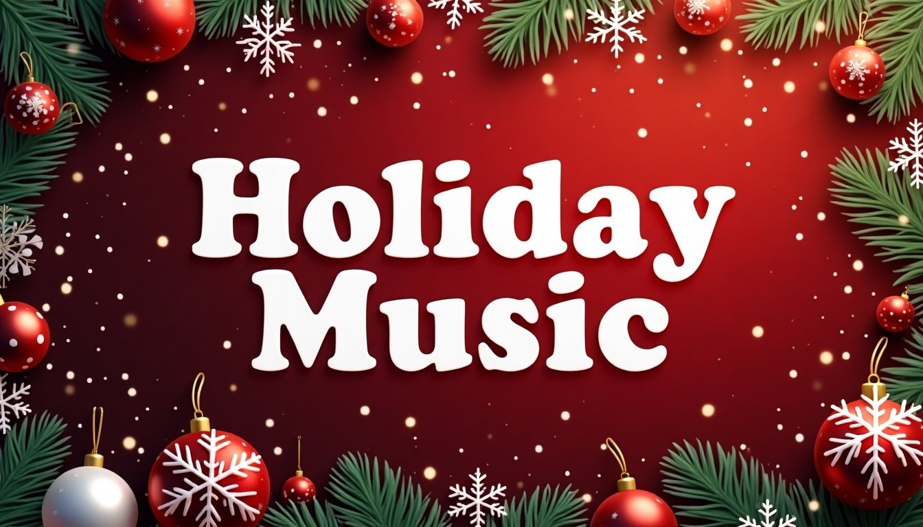 Rectangular web button for Holiday Music with festive background. Design includes Christmas and New Year decorations such as snowflakes, ornaments, and sparkles. Bold white text, rounded edges, modern aesthetic, optimized for web display, approximately 16:9 aspect ratio.