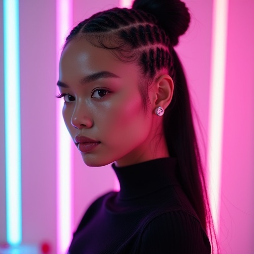 Image features a stylish woman with braided hair and a black top. Neon pastel lights create a synthwave atmosphere. The portrait showcases her profile against vibrant backgrounds.