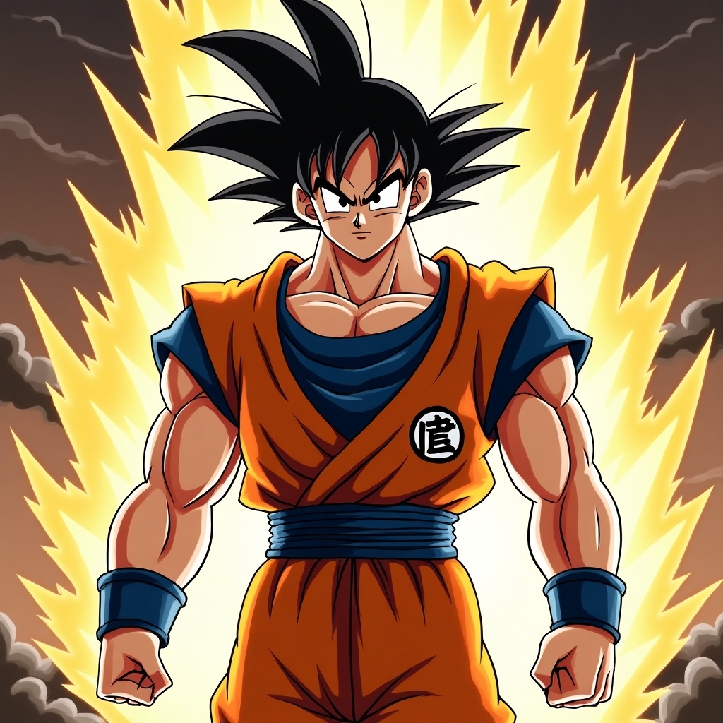 Goku stands confidently surrounded by vibrant energy. He wears an orange gi with a blue undershirt and a determined expression. This image explores the concept of Goku reviving Bardock, showcasing muscular strength and power.