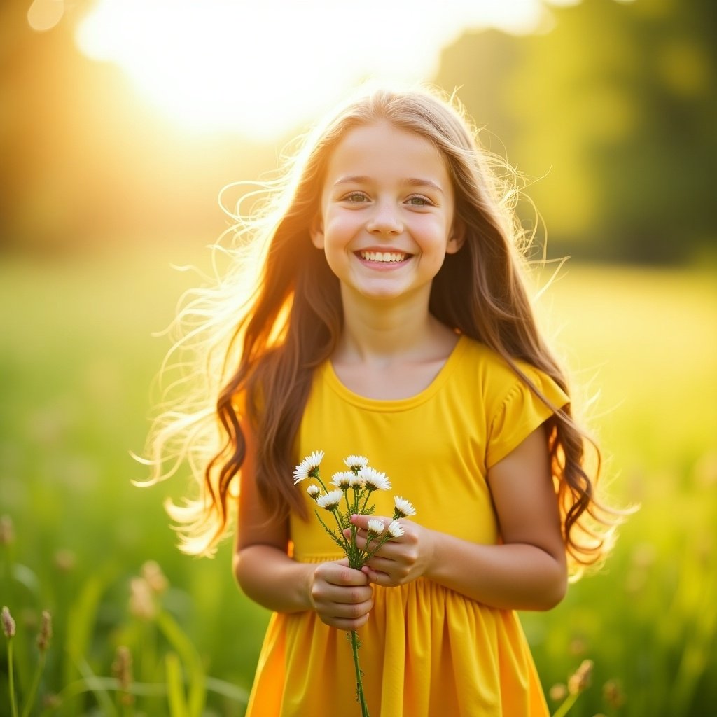 Girl wearing a yellow dress holding daisies in a sunny field.