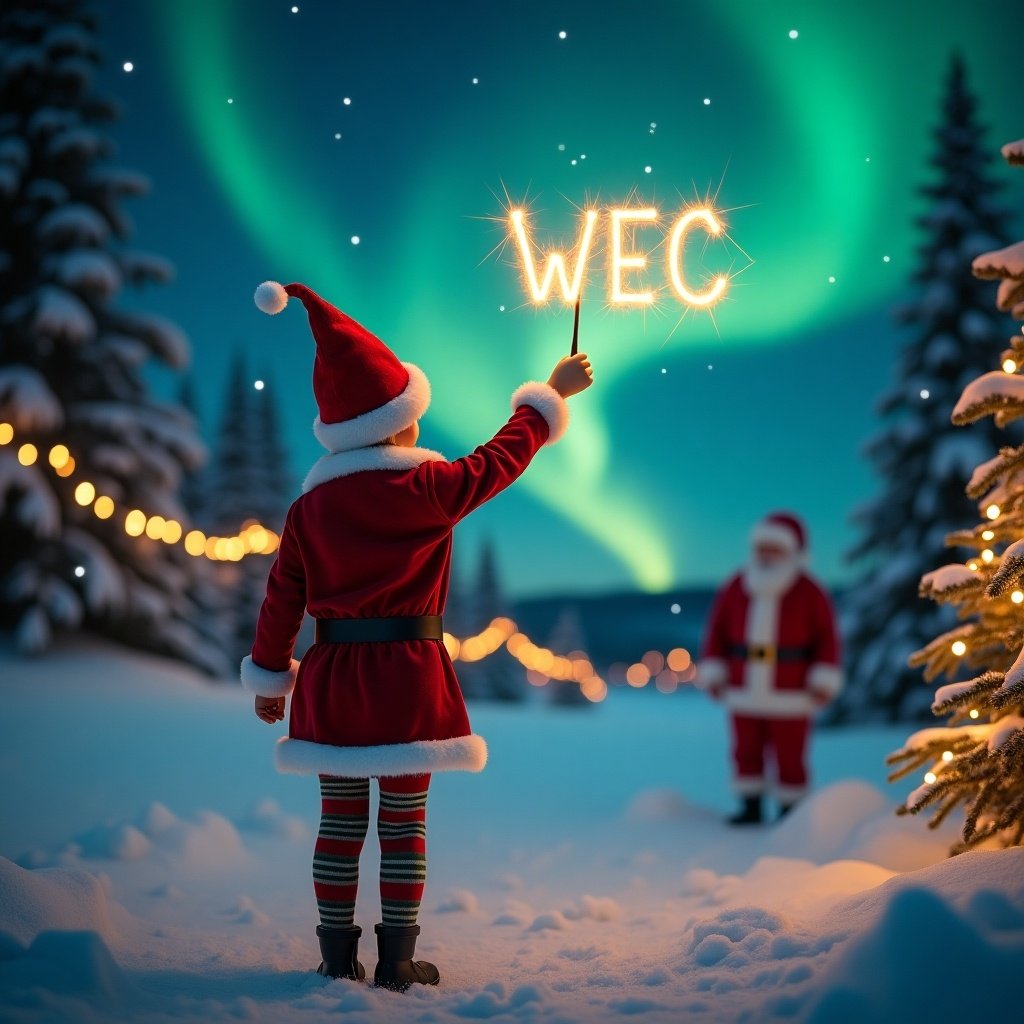 Enchanting classic Christmas setting. Elf in red outfit and hat raises wand to spell 'WEC' in the night sky. Northern lights illuminate winter landscape. Santa Claus visible in background. Warm glow from string lights enhances cozy atmosphere. Twinkling stars in the sky.