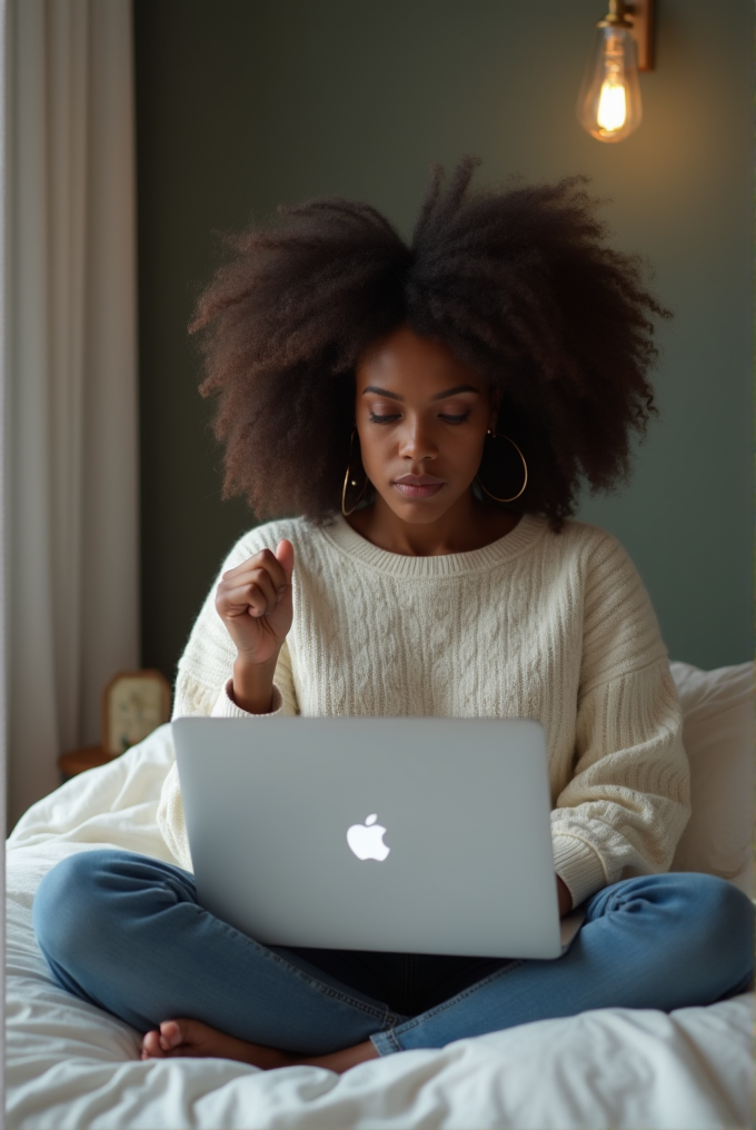 A woman sitting on a bed, working on a laptop with a thoughtful expression.