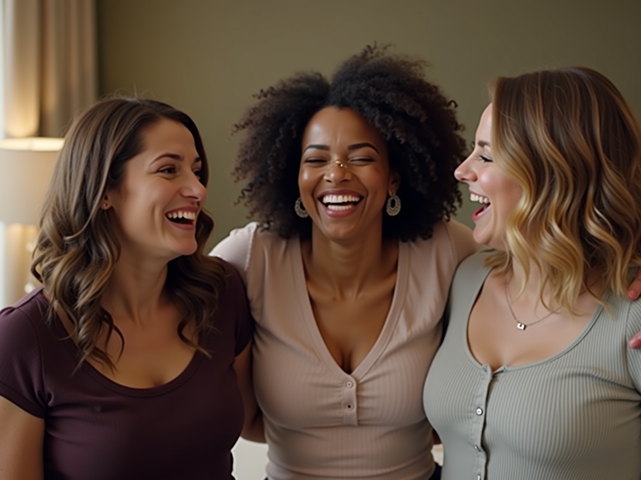 Three women are laughing together in a cozy room, showcasing their close bond and friendship. Their expressions are full of joy and happiness, creating an inviting atmosphere. They have varied hairstyles and outfits, representing diversity and individuality. The soft lighting enhances the warmth of the moment. This scene captures the essence of friendship and connection, perfect for lifestyle content.