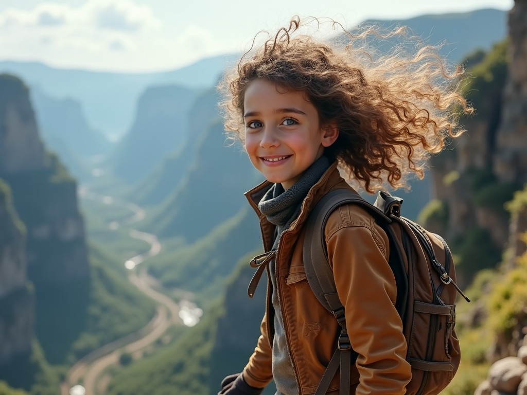 A child with curly hair smiling while hiking on a mountain trail, with a scenic canyon landscape in the background, wearing a brown jacket and carrying a backpack, the image displays natural lighting.