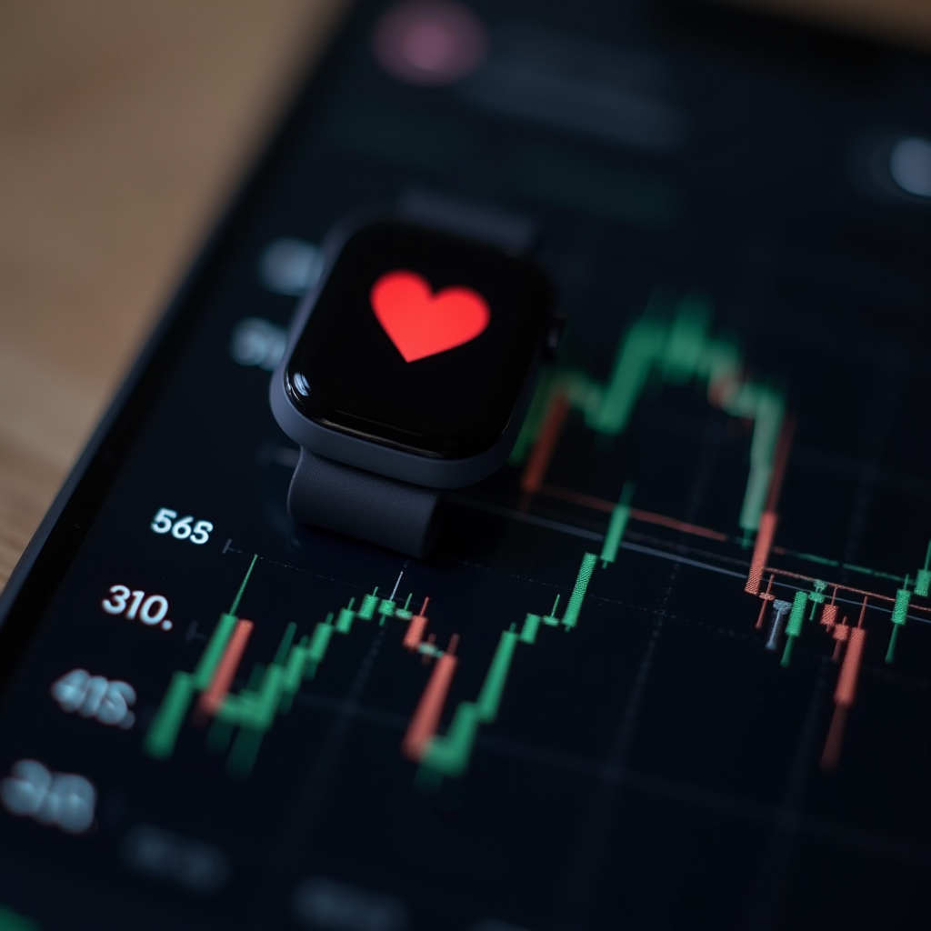 A smartwatch displaying a heart symbol placed on a screen showing stock market graphs.