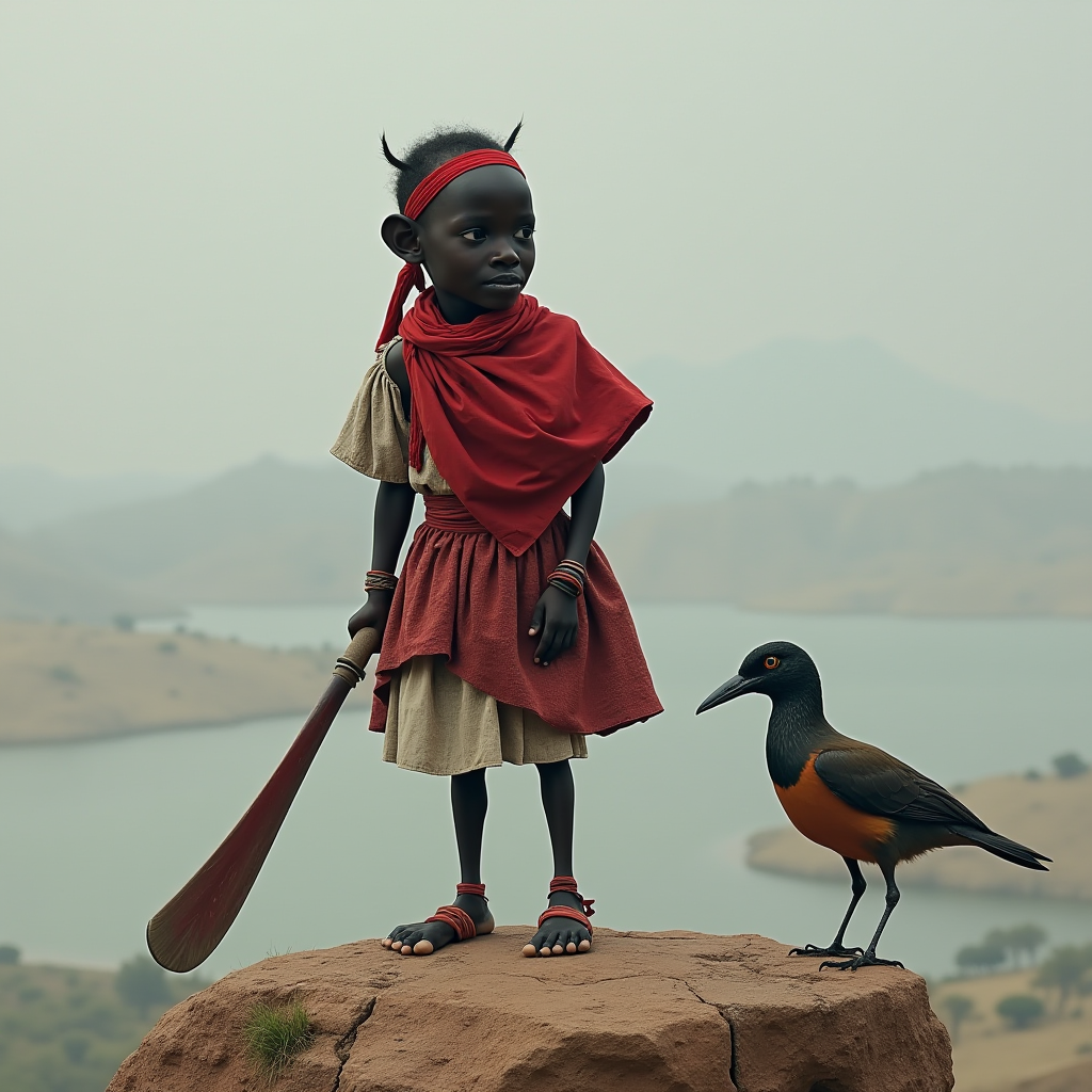 A child in traditional attire and a bird stand on a rocky cliff with a lake and hills in the background.