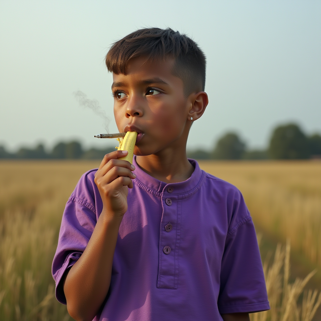 A child in a purple shirt stands in a field holding a banana like a cigarette with a serious expression.