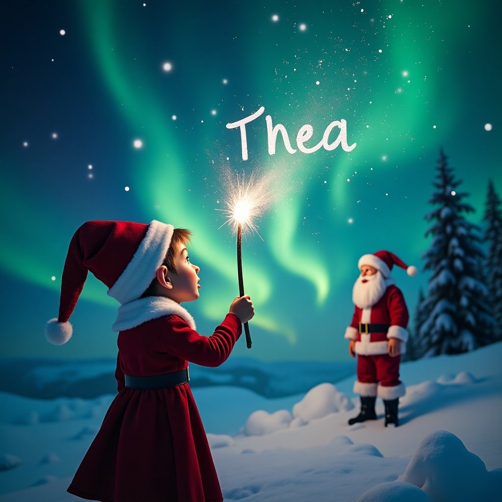 Elf writing name with sparkler in magical sky. Northern lights above. Santa in snowy background.