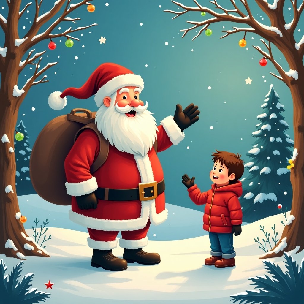 Santa Claus in a snowy landscape waving at a child. The scene is festive with trees, snow, and decorations.