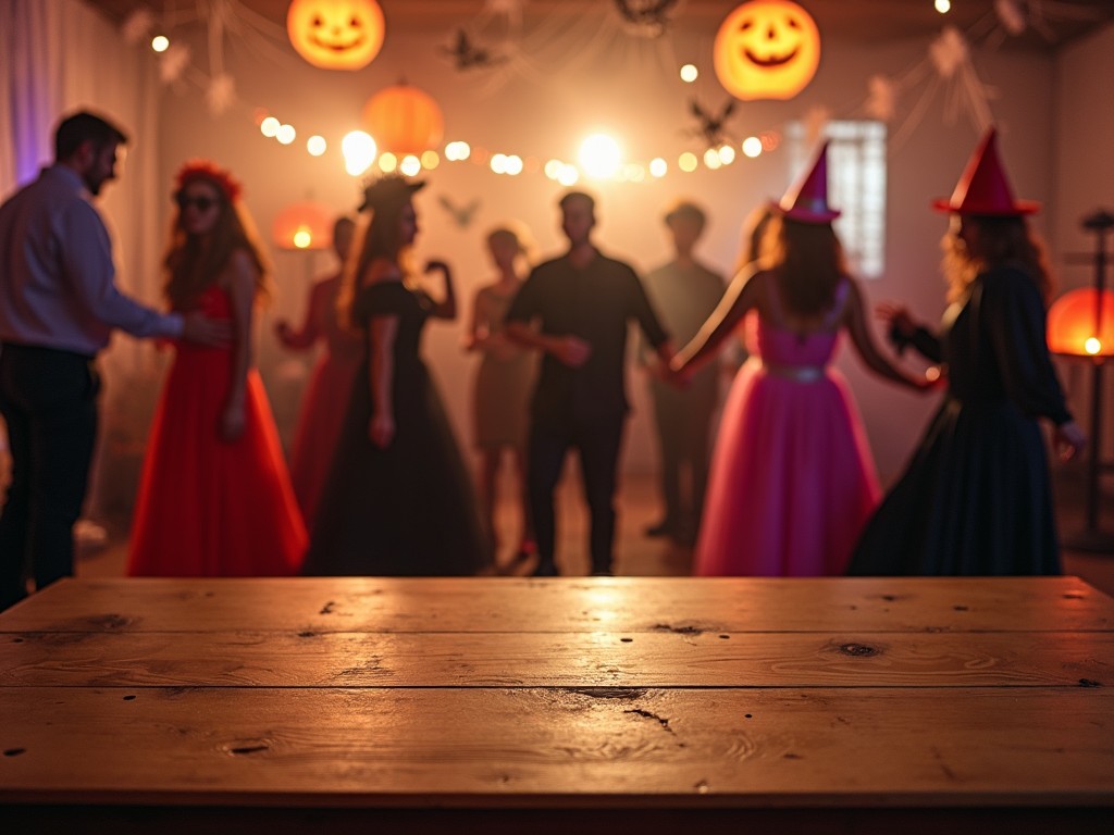 The image depicts a lively Halloween party with people dressed in various costumes. In the foreground, there's a rustic wooden table, while the background features a group of partygoers holding hands and dancing. The atmosphere is enhanced by warm lighting and festive decorations like pumpkins and bats. Brightly colored costumes, including elegant dresses and pointed hats, add to the excitement. The scene captures the joyful and playful essence of Halloween celebrations.