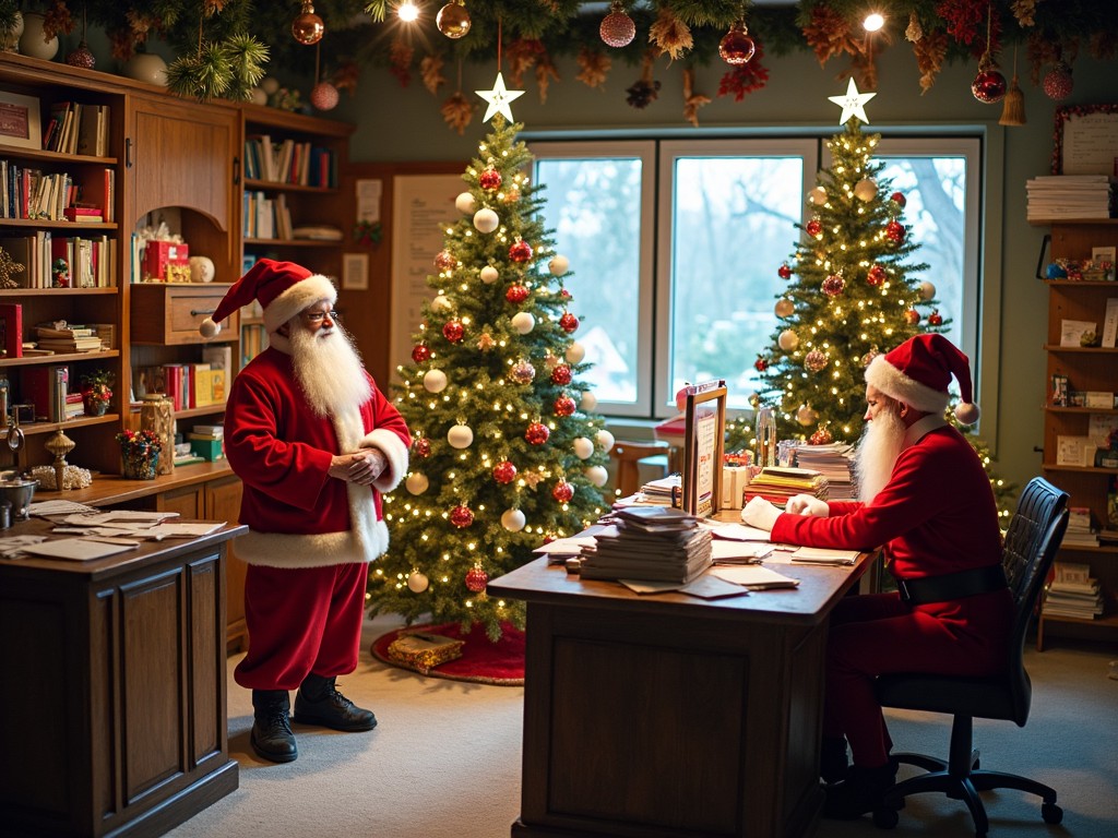 This image shows two Santa Clauses in a warm, festive office setting. One Santa is standing while the other is seated at a desk, surrounded by stacks of papers. The room is adorned with decorative Christmas trees, twinkling lights, and holiday ornaments. The scene captures the essence of holiday preparation, embodying a cozy and joyful atmosphere. The warm lighting enhances the festive feeling, making it perfect for the holiday season.