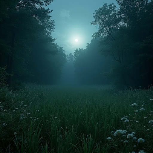 A long grassy clearing in an overgrown forest. Wildflowers partially border the clearing. Scene is dark with gentle moonlight. Evokes a sense of eerie beauty and fear.