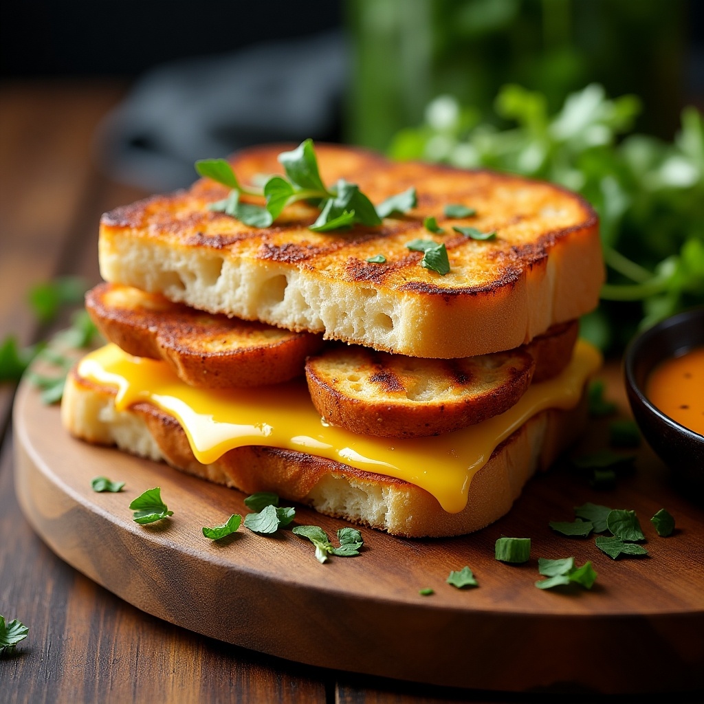 This image showcases a delicious halloumi and cheese toast sandwich. The sandwich is perfectly toasted, with golden-brown bread and gooey melted cheese oozing out. Accompanying the sandwich are some crispy, round halloumi slices. The plate is garnished with fresh parsley, adding a touch of color. The background is softly blurred to emphasize the sandwich, while natural lighting evokes a warm and inviting atmosphere. This dish makes for a perfect comfort food snack or quick meal option.