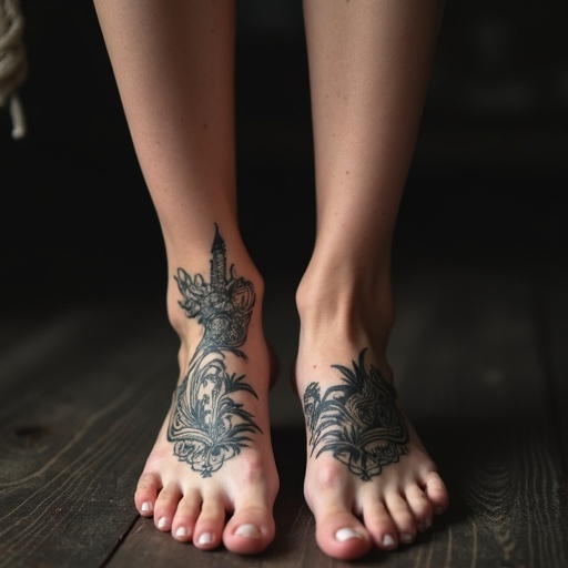 Mature goth woman showing tattooed soles of bare feet. Close-up view of artistic tattoos on feet. Natural and soft lighting highlights intricate designs. Focus on foot beauty and artistry.