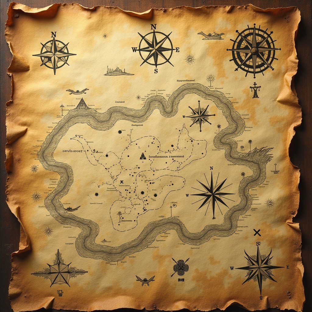 Transform a map into an old treasure map. Add a weathered and aged texture with browns and yellows. Incorporate tattered edges and faded ink for vintage look. Include illustrations of compasses and sea monsters. Add markings resembling treasure locations or paths with 'X' marks. Overlay mysterious symbols and hints for enchanting feel.