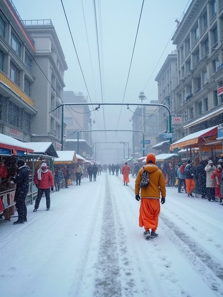 A snowy scene at Laxman Jhula. Streets are covered in snow. People are dressed warmly. Monks in orange robes walk down the street. The atmosphere is serene and chilly. Local market stalls line the road. Snowflakes are falling gently.