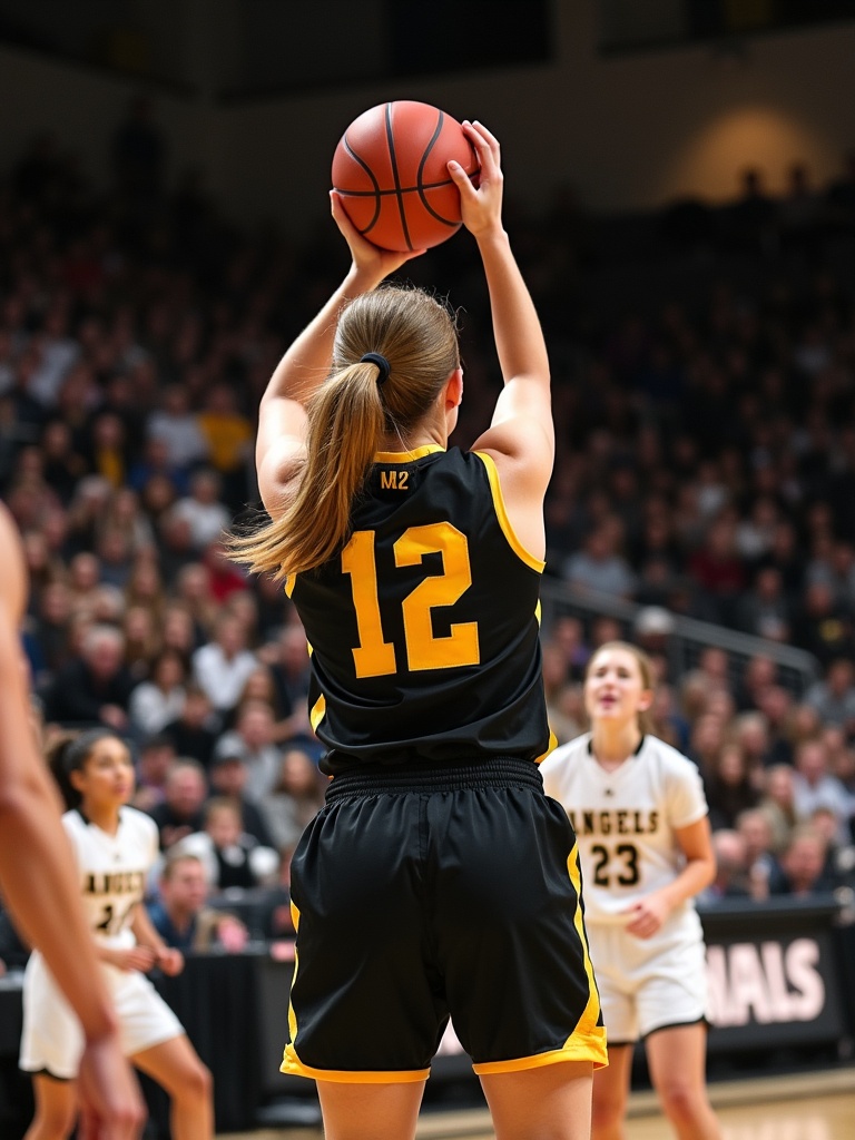 Girl basketball player in black and gold uniform #12 performs a 3-point shot. The shot is taken from behind. The background shows cheering fans in the stands.