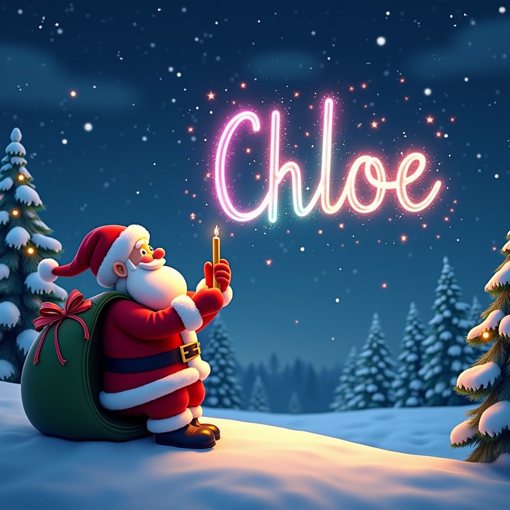 Beautiful Christmas theme with realistic Santa Clause writing the name Chloe in colored font in the sky with a colorful glow pen with Santa looking up at the writing.