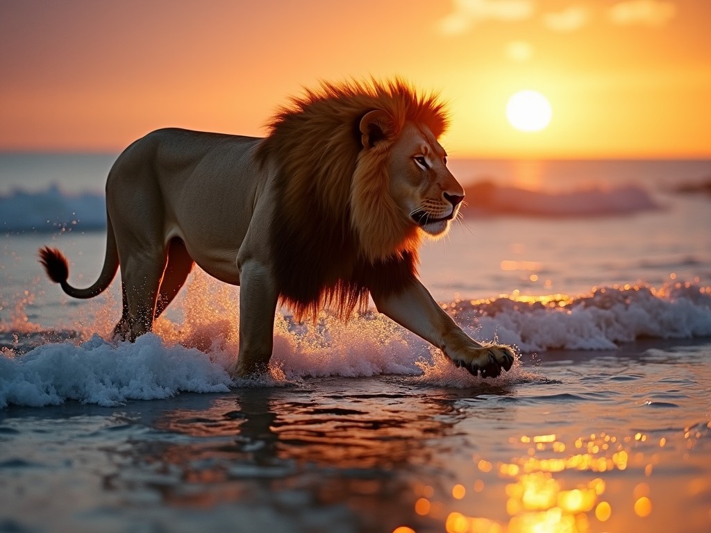 A majestic lion walking through shallow ocean waves during a vibrant sunset.