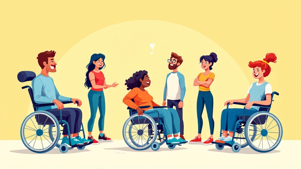 A group of cartoon individuals in wheelchairs interacting in a friendly manner. Different genders present. Comic style illustration showing inclusivity and diversity.