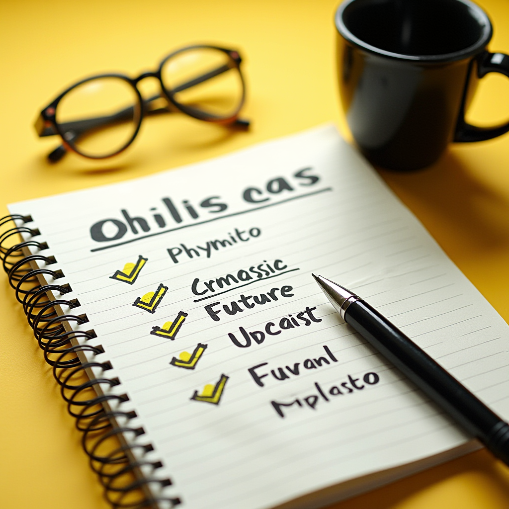 A spiral notebook on a yellow table with a checklist, a pen, glasses, and a black coffee mug.