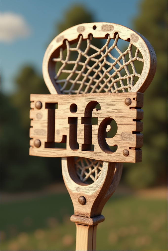 A wooden sculpture featuring the word 'Life' on a textured, net-like design mounted on a smooth stick.