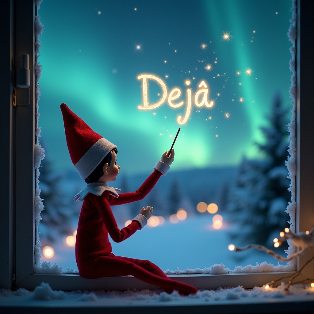 The image features an elf on the shelf sitting on a windowsill. The elf has its back turned to the viewer, engrossed in the majestic night sky. Holding a wand, it creates sparkles, writing the word 'Dejá' in the air. Outside, the landscape is serene with snow blanketing the ground. Glowing lights from a festive atmosphere enhance the winter scene, creating a sense of magic and wonder that's typical for Christmas.