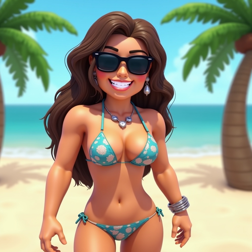 Image features Roblox-style character in playful mood at the beach. Character wears a bikini with accessories. Background includes palm trees and ocean.