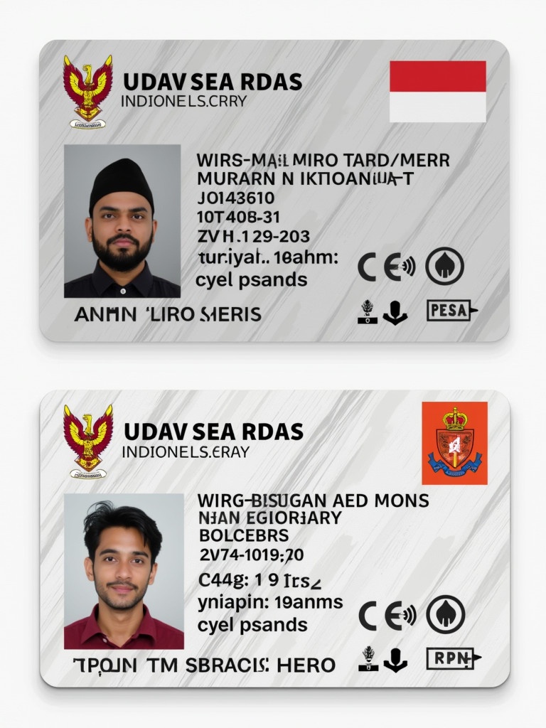 ID card design for Indonesia. Include personal identification elements and security features. Show front and back views. Capture the layout and details clearly.