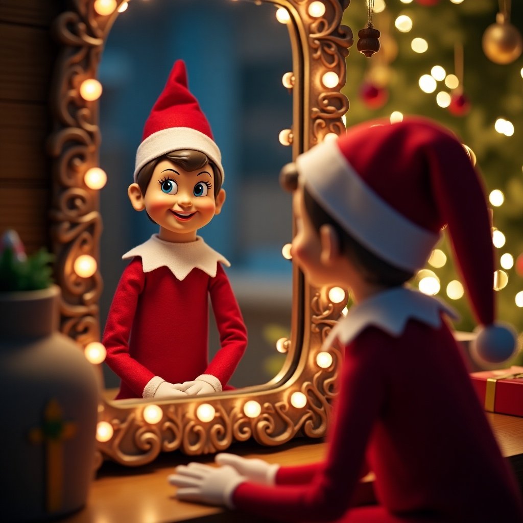 An elf is looking in a mirror. A reflection shows Santa Claus. Warm festive atmosphere with Christmas decorations. Elf wears a red and white outfit.