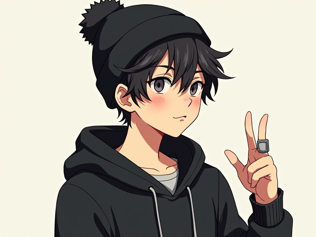 This image features a handsome and attractive 17-year-old boy illustrated in an anime style. He has sharp, defined features and messy, yet stylish hair. The character is wearing a black beanie and a black hoodie, giving him a casual look. One of his hands is raised in a peace sign, and he sports an argent ring and a watch. The overall vibe of the character suggests a storytime animation persona, making him relatable and appealing to a youthful audience.