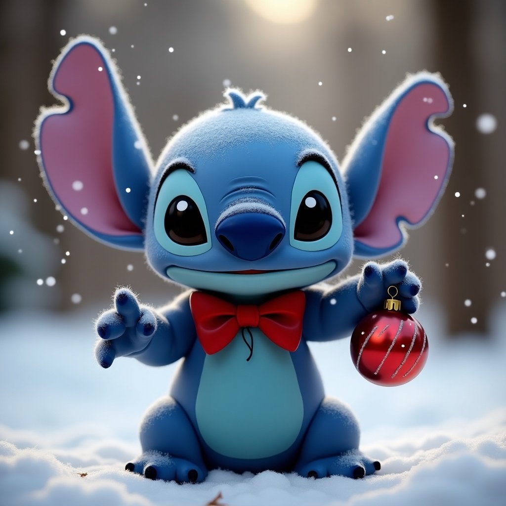 Cute character resembles Disney Stitch. Blue character with large ears. Character wears a red bow tie. Character holds a Christmas bauble. White snow in background.