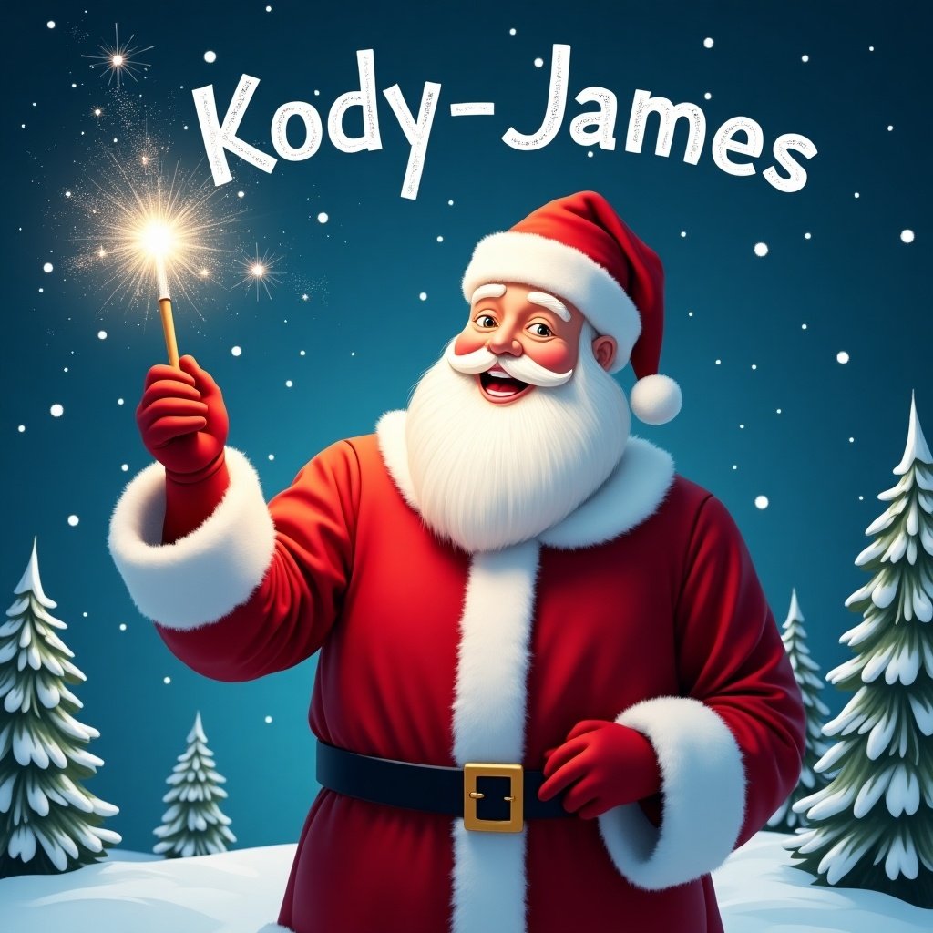 Santa holds a magical wand that shines with sparkles. Classic red suit with white fur. Santa's eyes twinkle joyfully as he writes names in the sky. Snowy scene with evergreen trees and a starry night. Holiday theme with the name Kody-James in the sky.