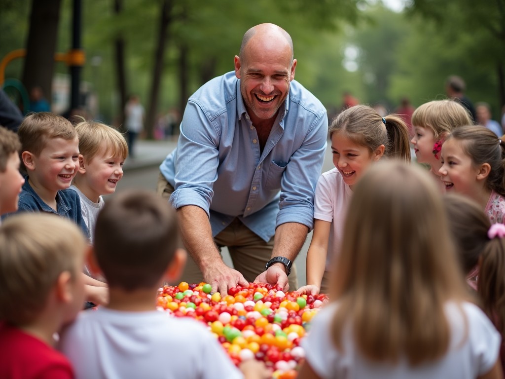 A bald man with a jovial expression is outdoors, surrounded by a group of children. They are at a public candy distribution event, and he is playfully engaged in a light-hearted battle over the sweets with the kids. The setting is lively and cheerful, with trees and a hose reel in the background suggesting a park or community area. The children are laughing and reaching out for the candy, adding to the festive atmosphere. The scene is filled with happiness as everyone enjoys the fun interaction over the sweet treats.