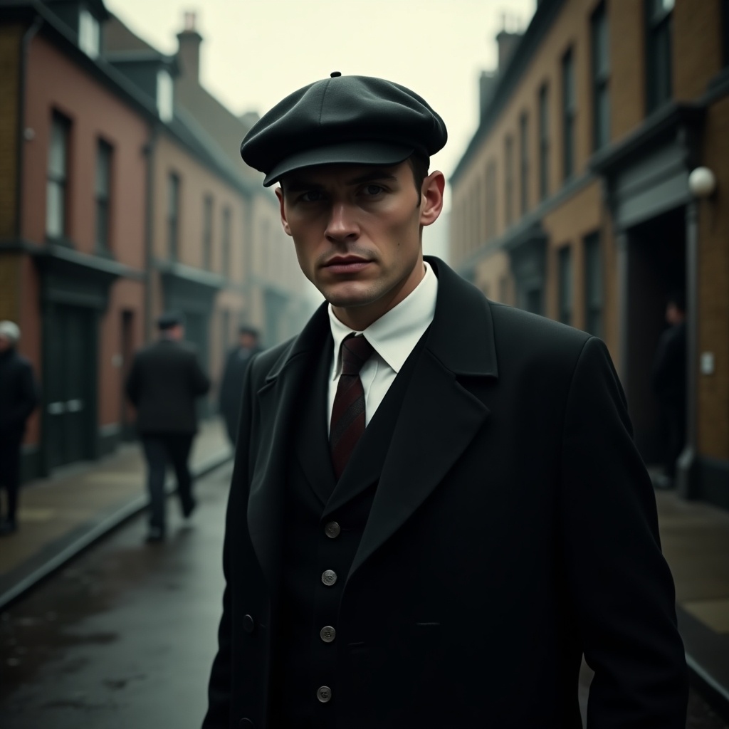 A man dressed in a vintage outfit stands on a historical street. He wears a dark coat and a flat cap. The atmosphere is moody and reminiscent of the early 20th century.