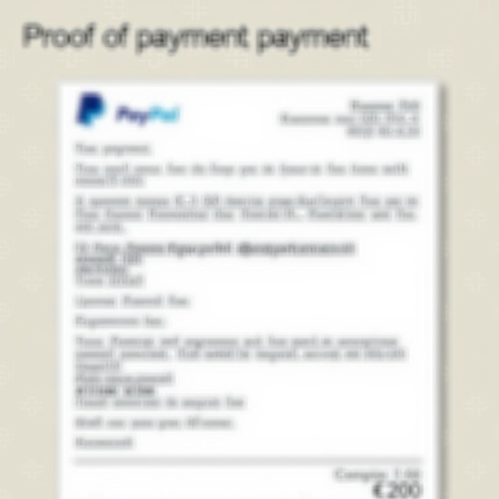 Image shows proof of payment document from PayPal. Payment directed to fqgvwhyfex84@outlook.com. Receipt has recognizable PayPal design. Layout emphasizes clarity with bold text and simplified background. Completed transaction of £200.