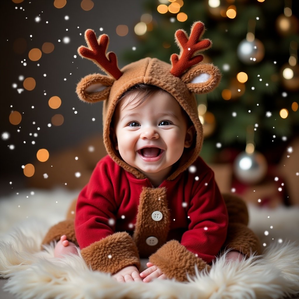 A baby wearing a reindeer costume seated on a fluffy blanket with a Christmas tree in the background. Soft snowflakes are falling, creating a festive atmosphere.