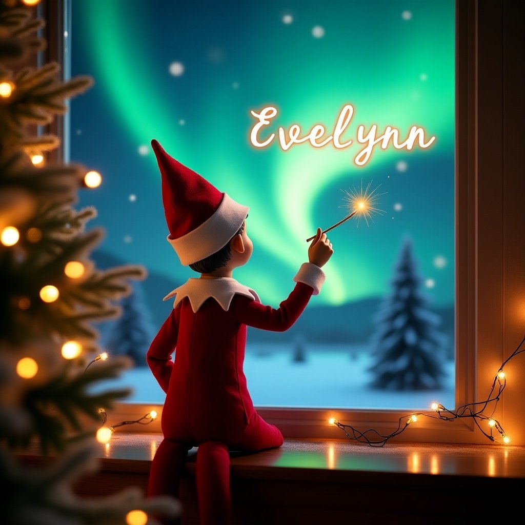 This image showcases an enchanting Christmas scene with an elf on the shelf. The elf, wearing a classic red and white outfit, faces the sky with his back to the viewer. He holds a magic wand, using it to write 'Evelynn' and 'Paxton' in glowing script. The backdrop features vibrant northern lights, enhancing the magical ambiance. The surrounding decor includes a Christmas tree with twinkling lights, emphasizing the festive spirit. This whimsical portrayal captures the joy and excitement of the holiday season.