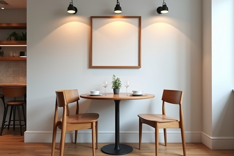 Modern coffee shop interior Cozy atmosphere Wall with empty frame for art Hanging lamps Round wooden table set for two White plates Small plant Glasses Four simple wooden chairs Minimalist style Wooden floor Elegant touch