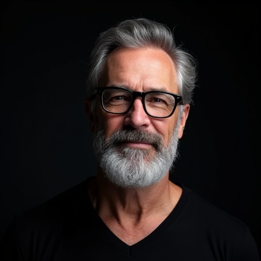 Highly detailed ultra-HD digital portrait of a middle-aged man with a full gray beard and black-framed glasses. Hair is neatly combed back. Wears a black V-neck shirt. Image has high-resolution textures and realistic lighting. Background is a clean black gradient, emphasizing face. Modern and professional style.