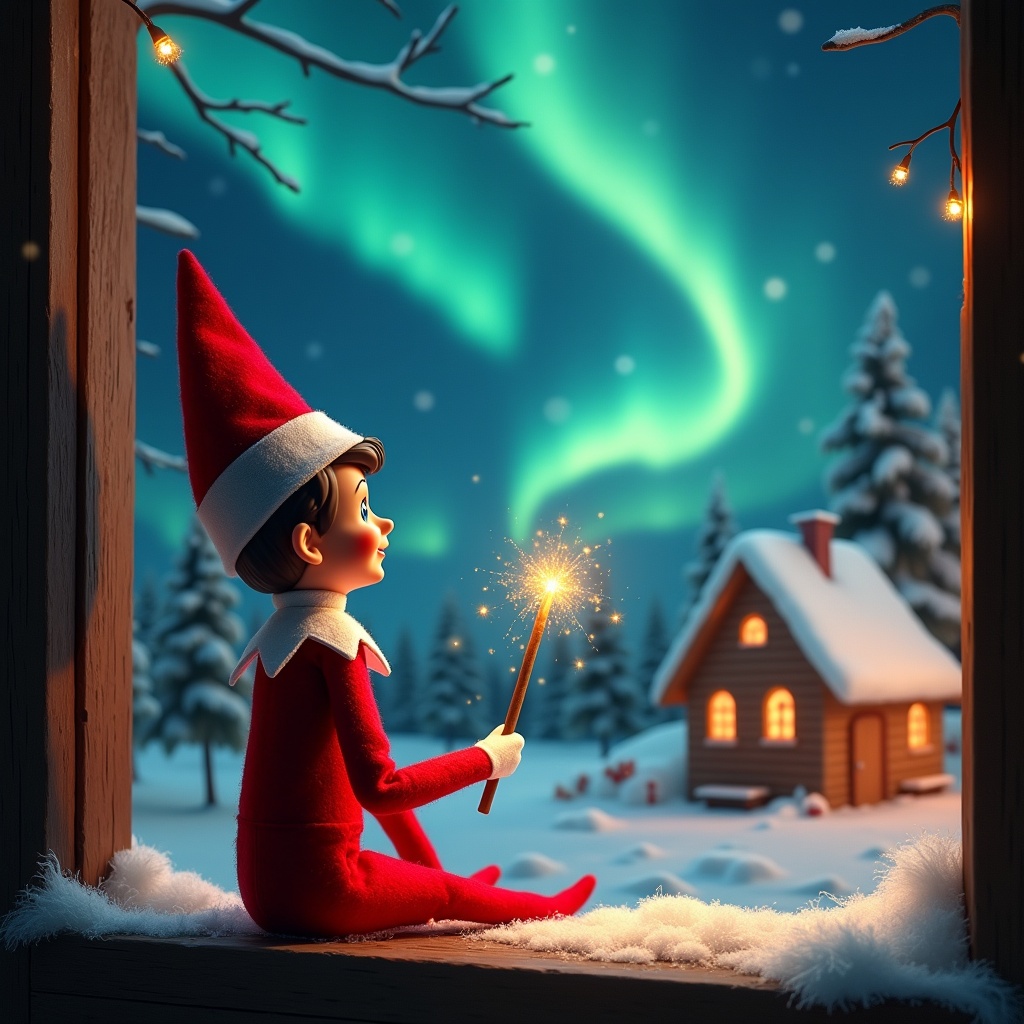 An elf on the shelf sits with its back to the viewer. The elf gazes skyward while holding a glowing wand. A charming Christmas scene is shown with colorful northern lights. A cozy house can be seen in the distance. Snow is on the ground. The elf embodies magic and wonder of Christmas. The name 'Josh, Enzo & Laila' appears in the air from the wand.